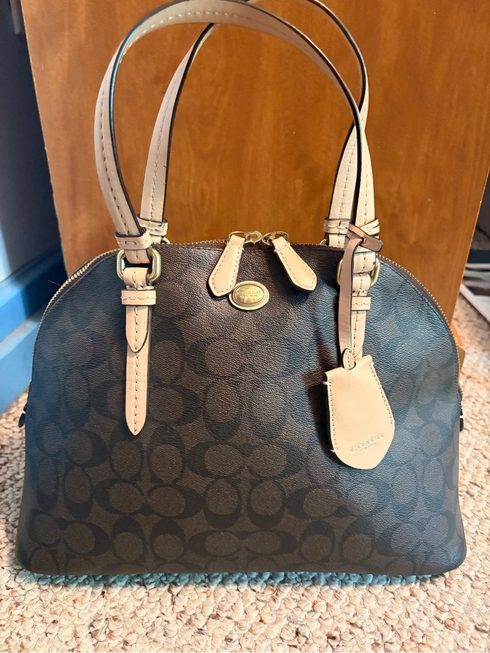 Coach Brown Signature Dome Satchel with Tan Trim and Handles